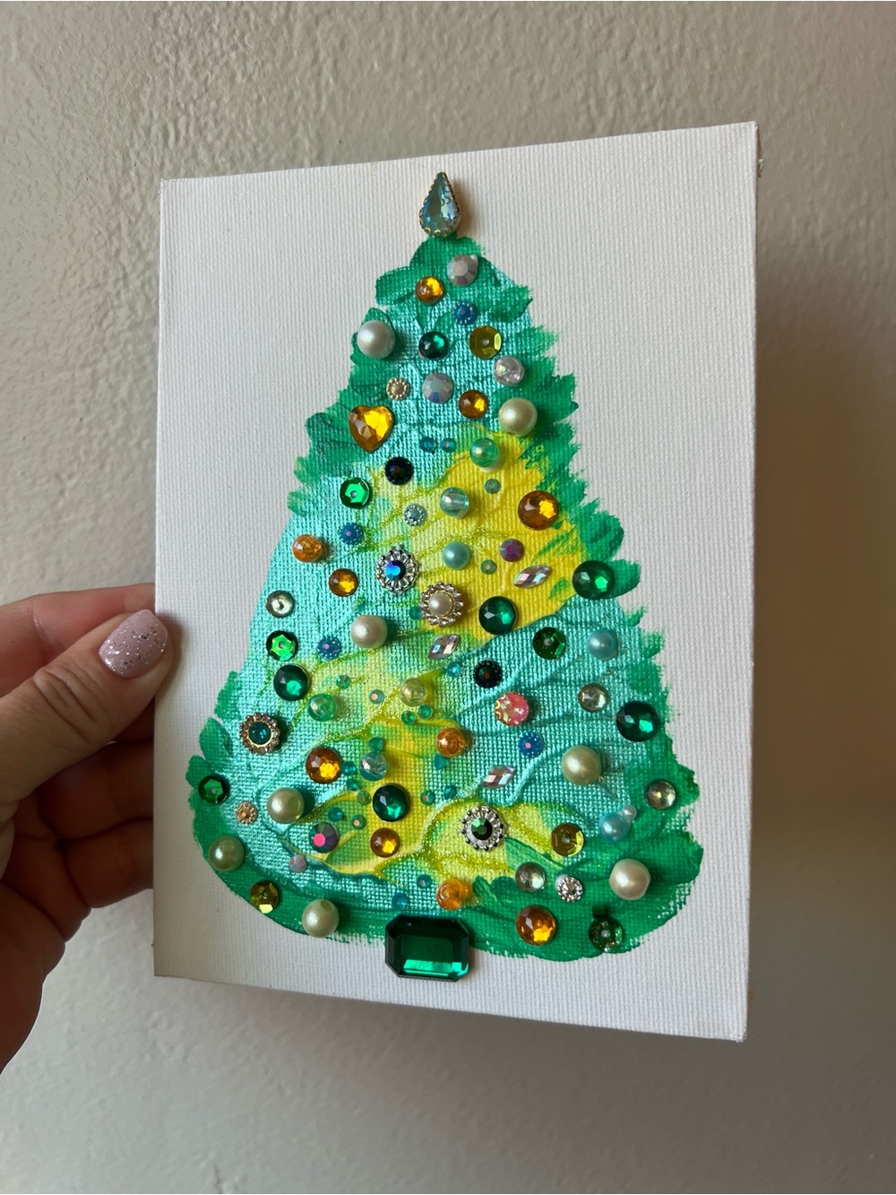 Handmade Green & Yellow Christmas Tree Canvas with Gem Embellishments 5x7 inch - Picture 4 of 8